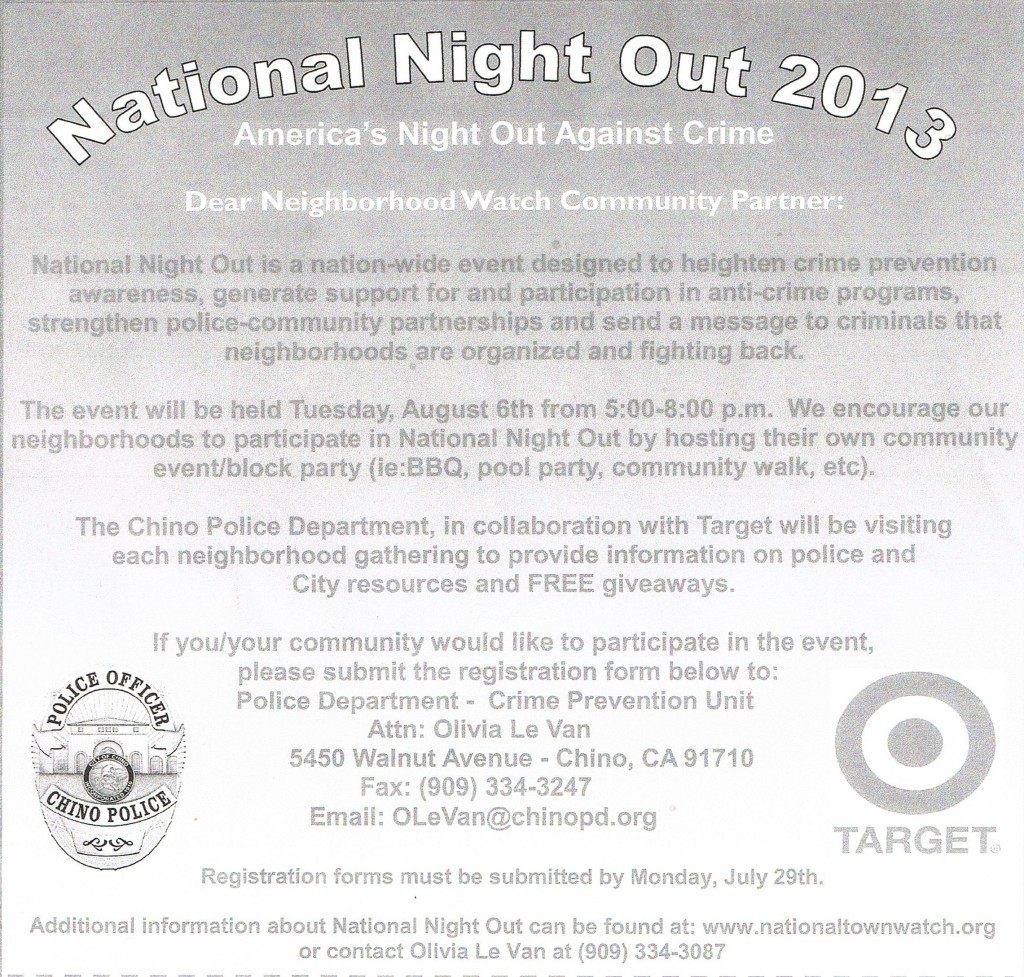 National Night Out event to be held at Somerset Apartments in Chino, CA. Inland Empire.
